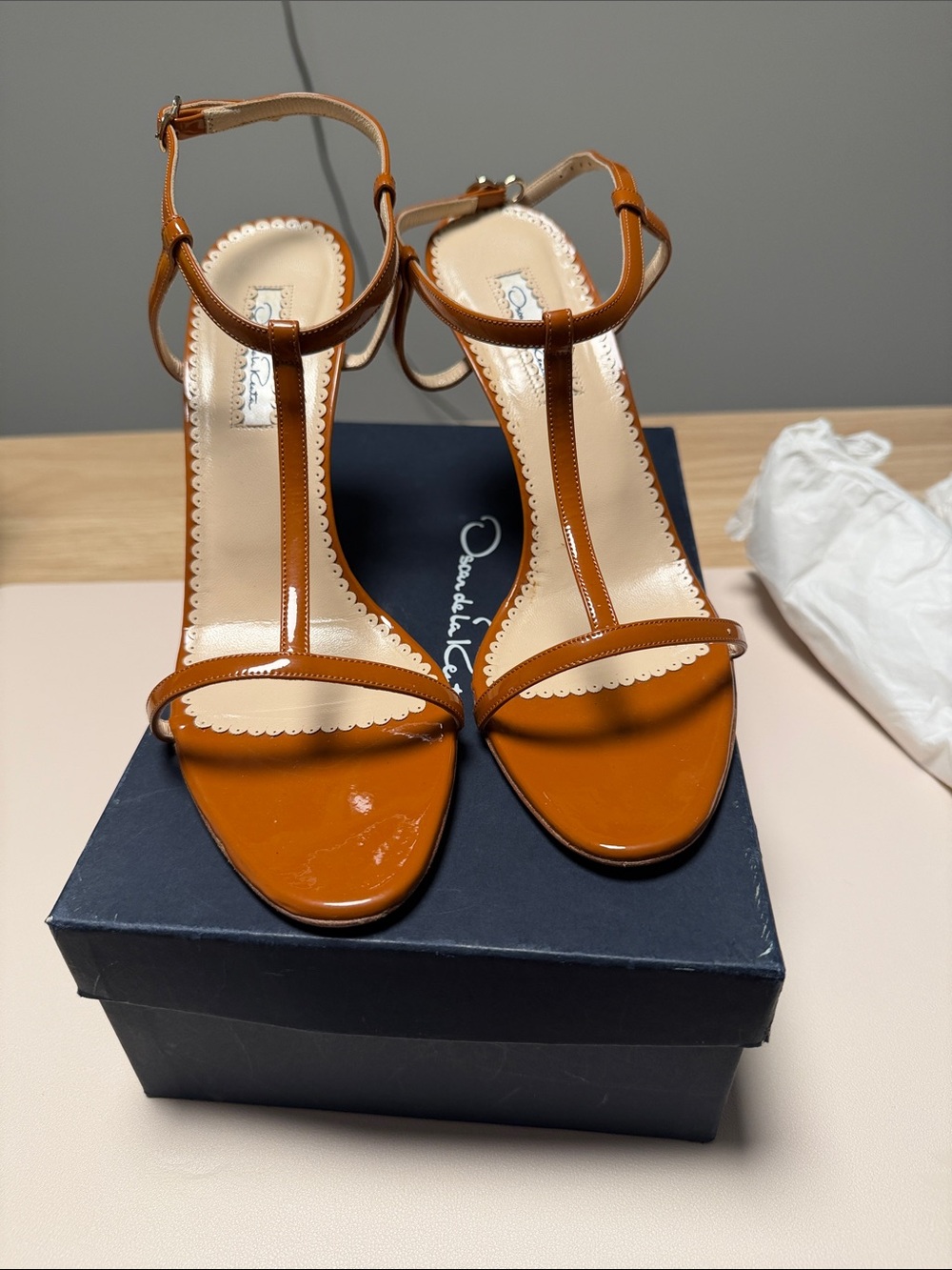 Patent T-Strap Ankle Strap Sandals in Cognac